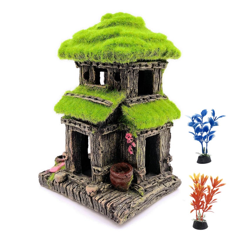 M2cbridge Aquarium Decorations Fish Hideout House Betta Cave with Green Lifelike Moss (Style 3) - Image 1